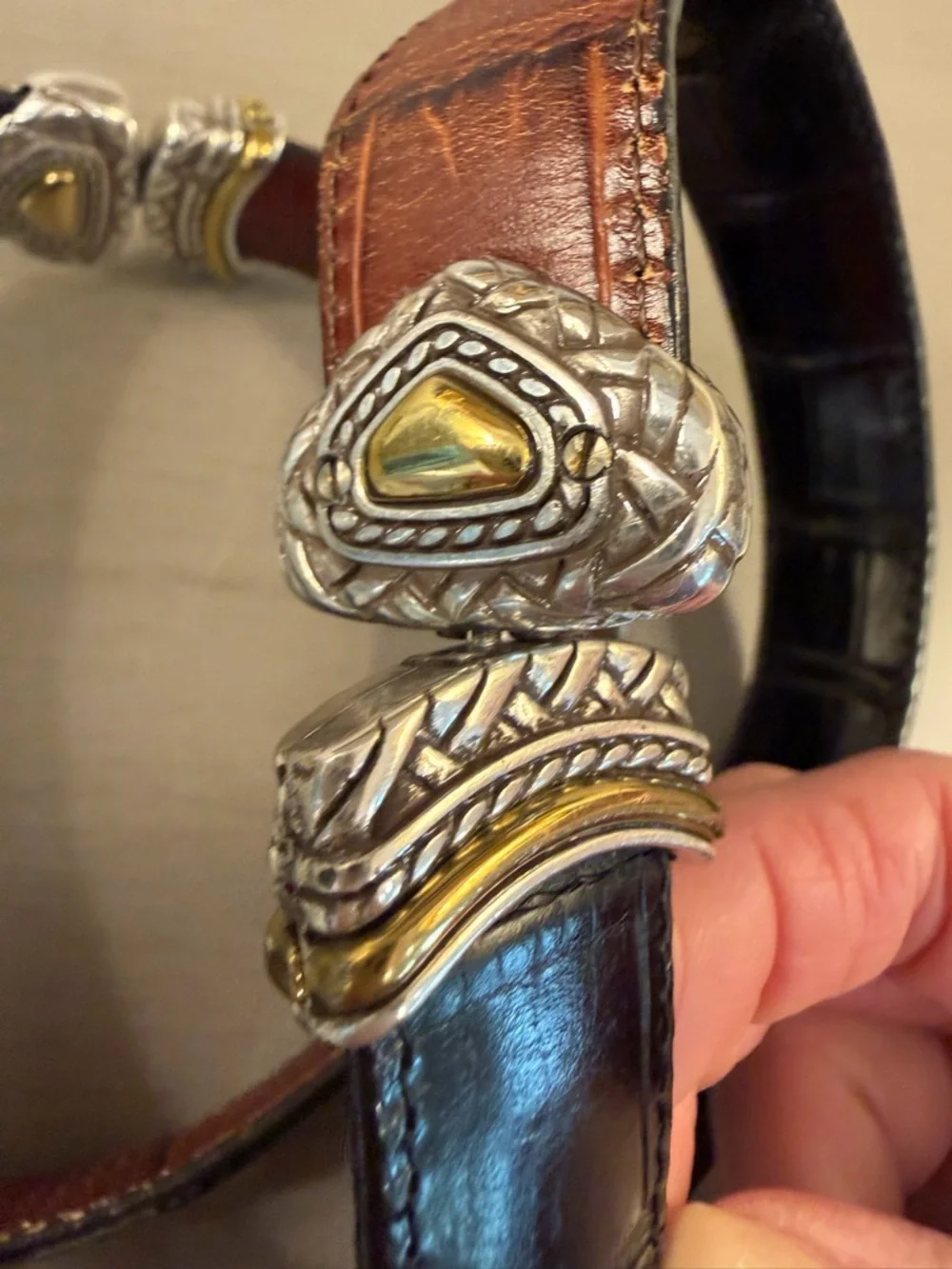 Brighton Marcus Black/Brown Reversible Belt Silver/Gold Women’s Size M/L 32 VTG
